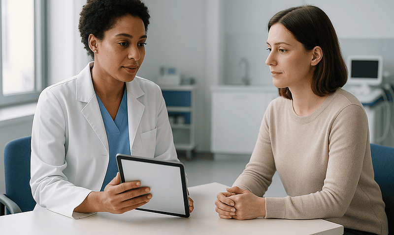 Doctor explaining medical results to a patient using a tablet in a clinic.