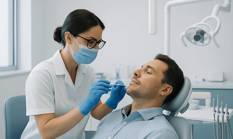 Dentist performing a dental procedure on a patient in a clinic setting.
