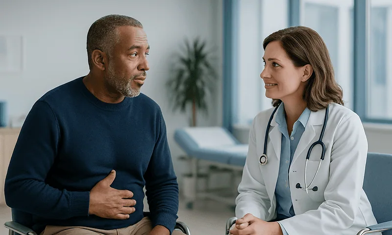 Doctor consulting with a male patient in a hospital setting.