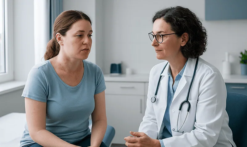 Doctor consulting with a patient about allergy symptoms in a medical office.