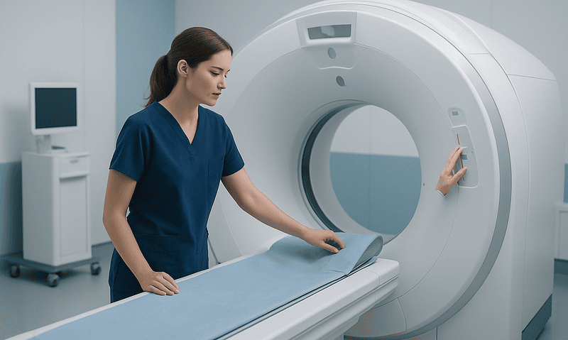 Female healthcare professional preparing MRI scan in a modern hospital.