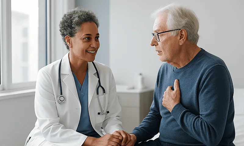 Doctor consulting with elderly patient in a medical office.