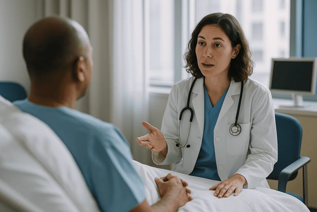 Doctor consulting with patient in office setting: When is a bronchoscopy done under general anesthesia?