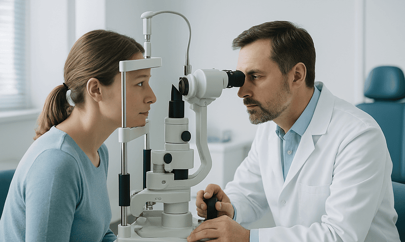 Eye doctor examining a patient's eye with a slit lamp in a clinical setting.