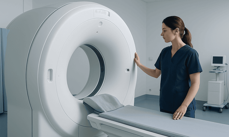 Medical professional prepares MRI scan in a modern hospital setting.