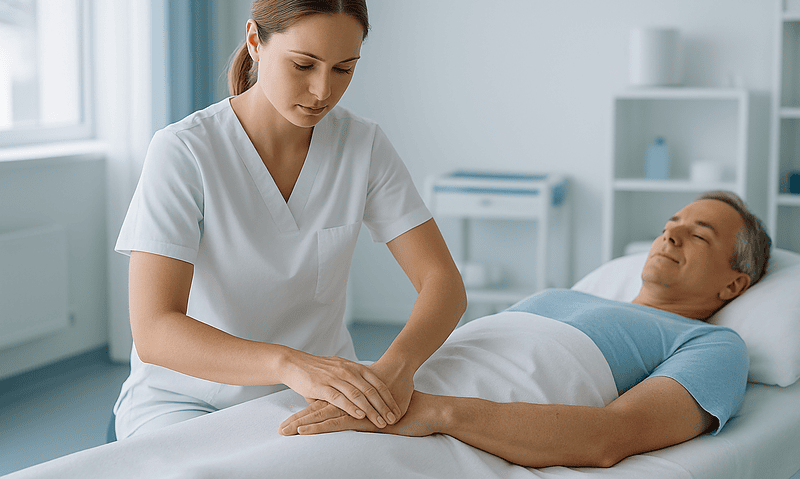 Nurse providing care to a patient in a hospital bed.