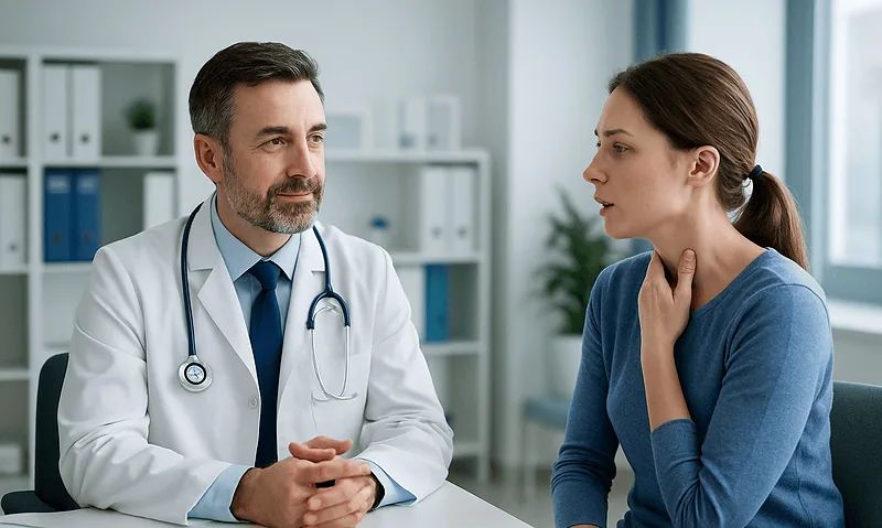ENT specialist consulting with a patient about tonsillitis treatment options.