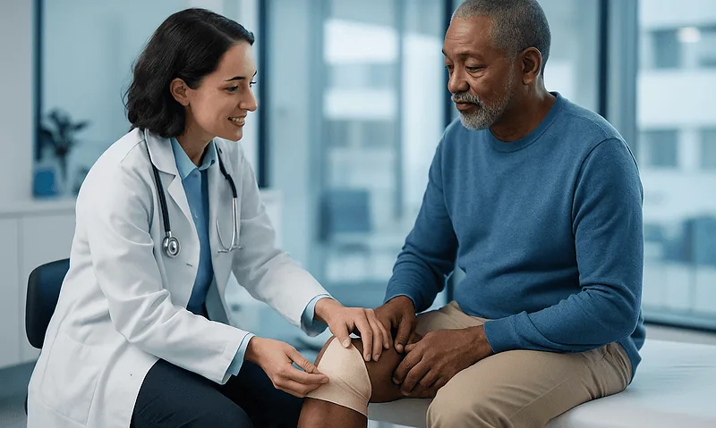 Doctor examining patient's knee in a modern clinic setting.