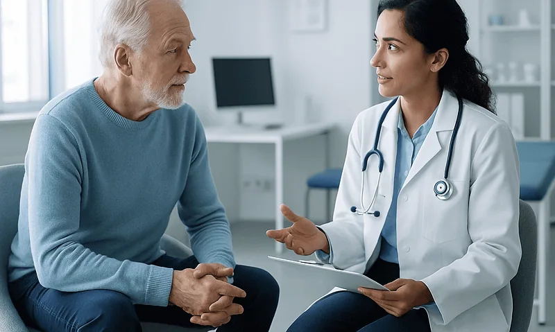 Doctor consulting with elderly male patient in a medical office.