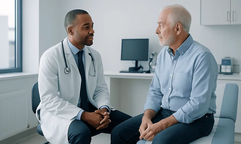 Doctor consulting with an elderly male patient in a medical office.