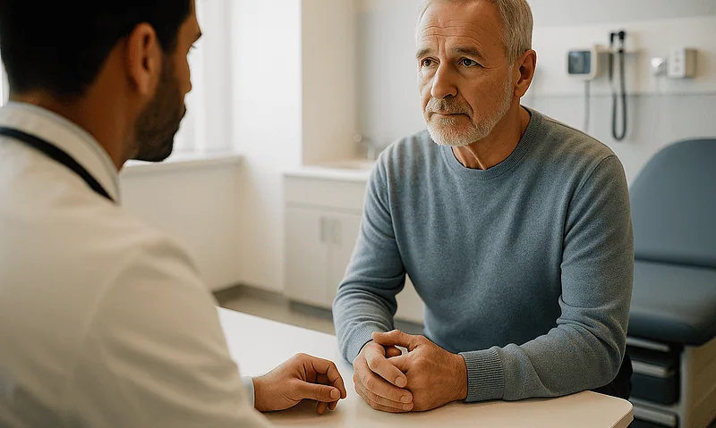 Doctor consulting with an older male patient in a medical office.