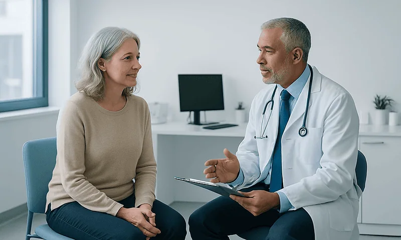 Doctor consulting with a female patient in a medical office.