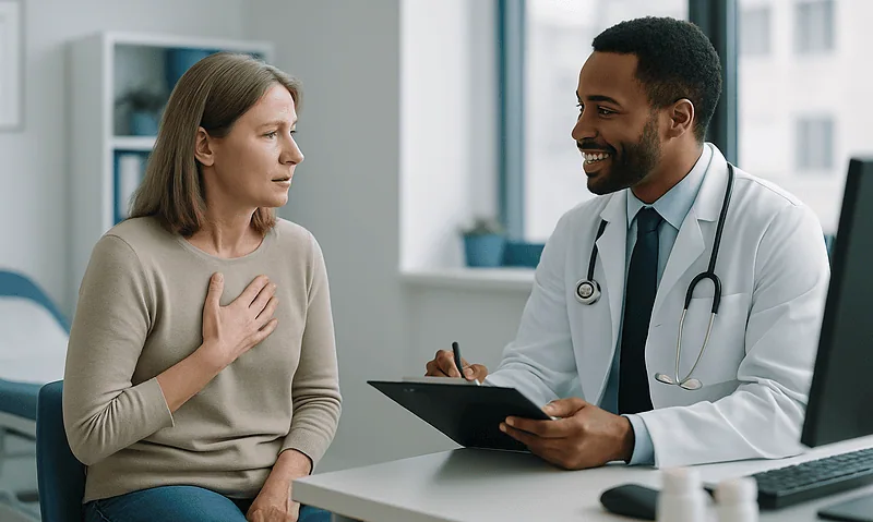 Doctor consulting with a woman patient about health concerns in a modern clinic.