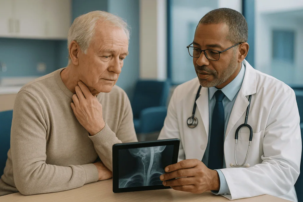 Doctor showing X-ray image to senior patient consultation: When is carotid angiography needed after an ultrasound shows narr