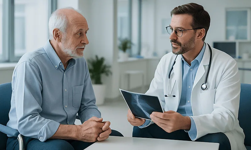 Doctor discussing medical results with an elderly patient in a clinic.