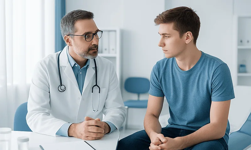 Doctor consulting with a young male patient in a medical office.