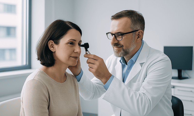 ENT specialist examining patient's ear with otoscope in clinic.