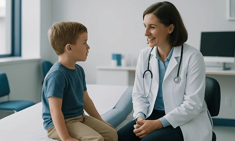 Pediatric urology consultation at Acibadem Hospital with a doctor and young patient.