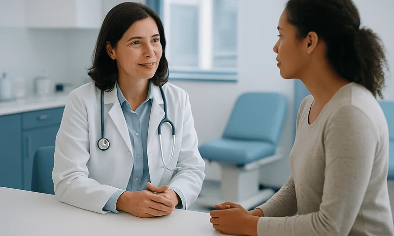 Doctor consulting with a patient in a modern medical office.