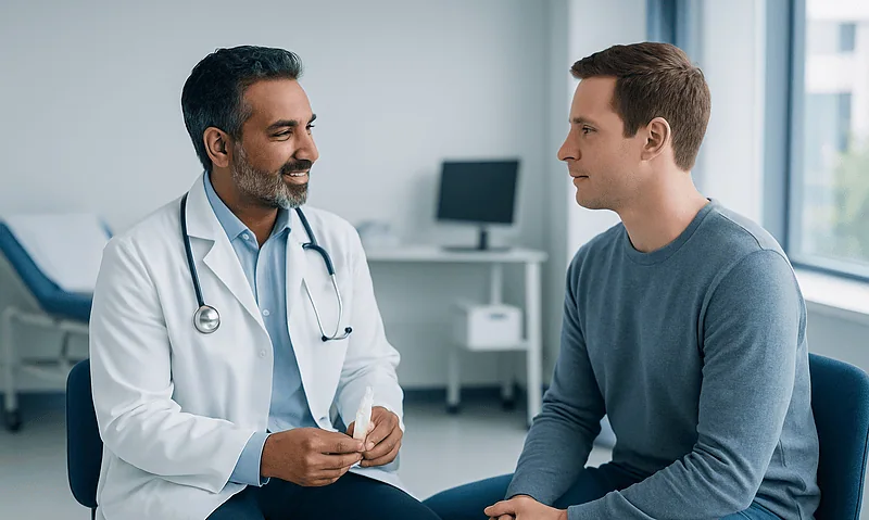 Doctor consulting with a patient in a medical office setting.