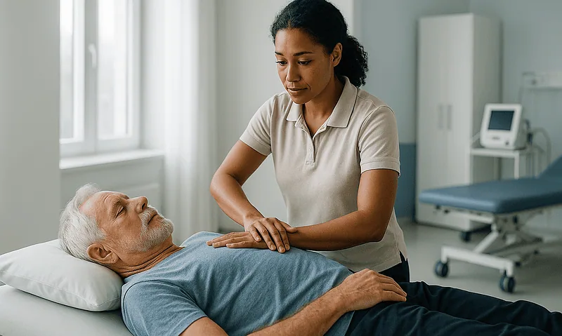 Nurse providing care to elderly patient in hospital room.