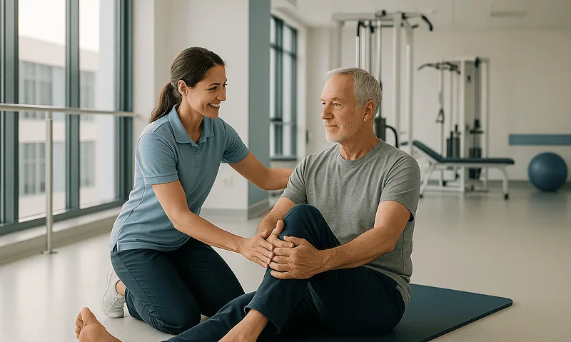 Physical therapist assisting elderly man with knee exercise in rehab center.