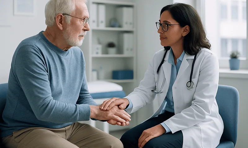 Doctor consulting with elderly patient about neurological symptoms.
