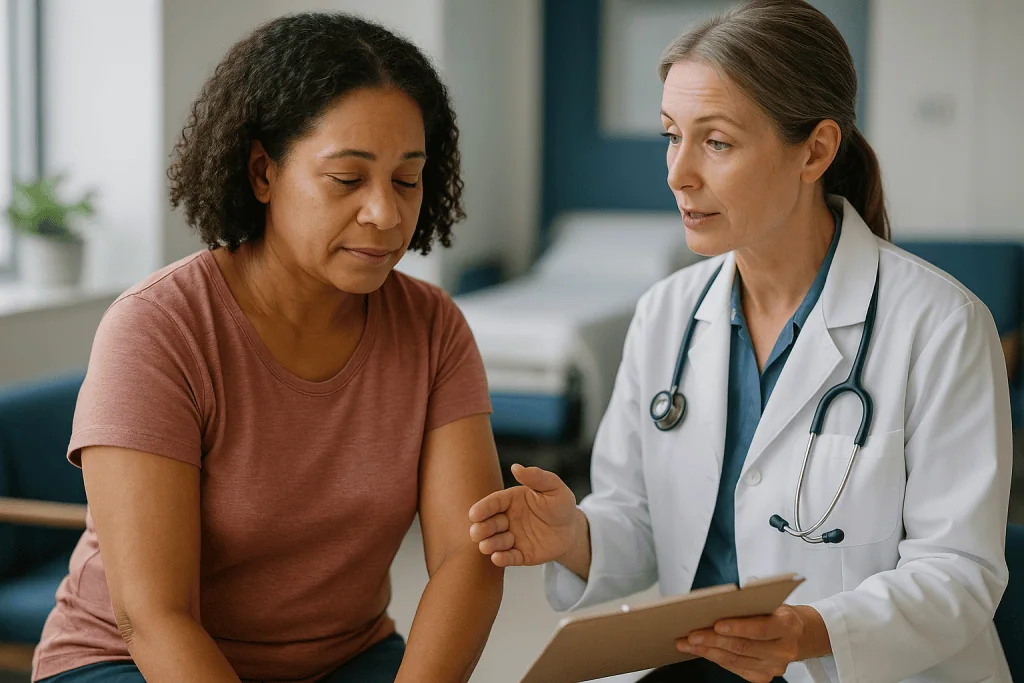 Doctor consulting with adult female patient indoors: When is it too late to get vaccinated for HPV?