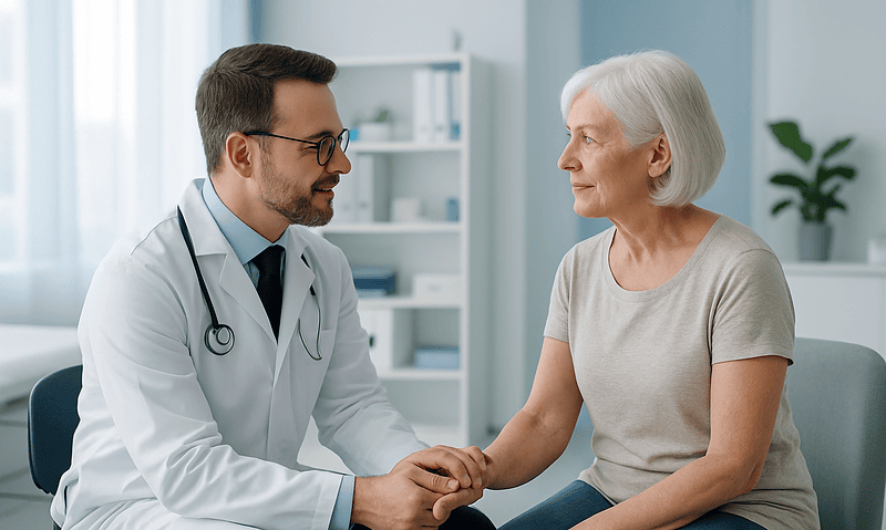 Doctor consulting with an elderly female patient in a medical office.