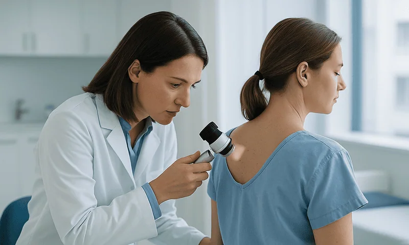 Dermatologist examining patient's skin with a dermatoscope in a clinical setting.