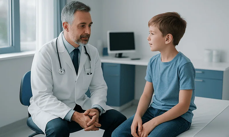Pediatric urologist consulting with young boy in medical office.