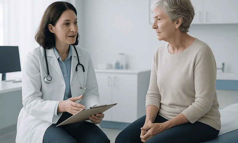Doctor consulting with an elderly female patient in a medical office.