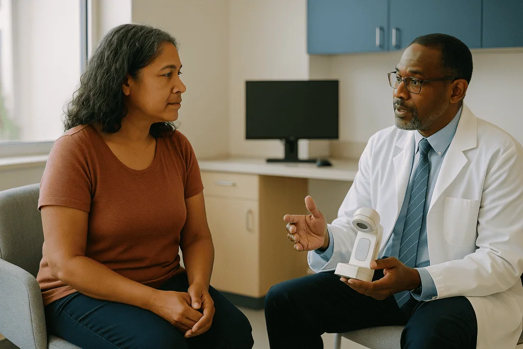 Doctor consulting with patient in clinical office setting: When is radiation chosen over surgery for vulvar cancer?