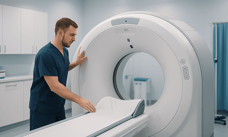 Medical technician prepares MRI scan in a modern hospital room.