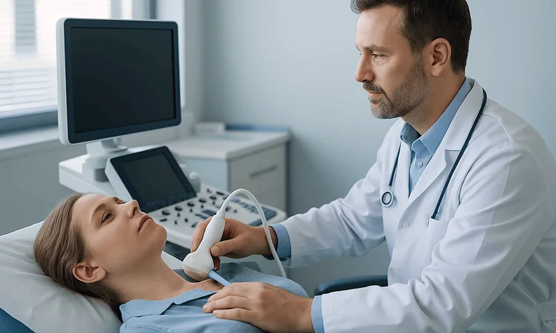 Doctor performing thyroid ultrasound on a patient in a medical clinic.