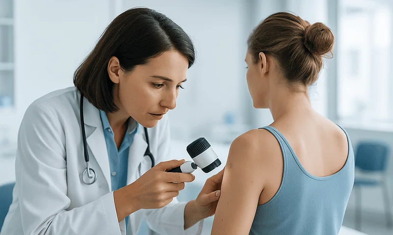 Doctor examining a patient's skin with a dermatoscope in a clinical setting.