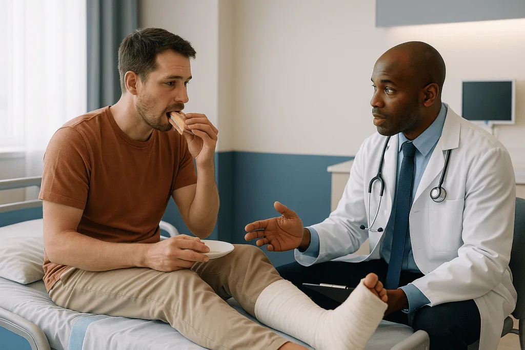 Doctor consulting patient eating food in hospital bed: When is reconstruction after trauma needed right away versus weeks la