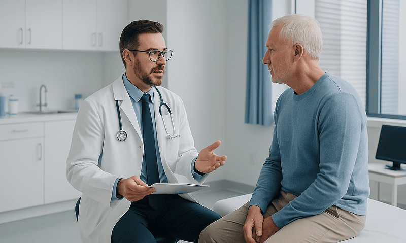 Doctor consulting with an elderly patient in a medical office.
