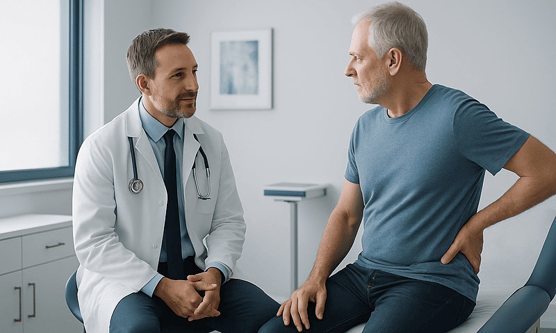 Doctor consulting with a patient about spinal health in a clinic.