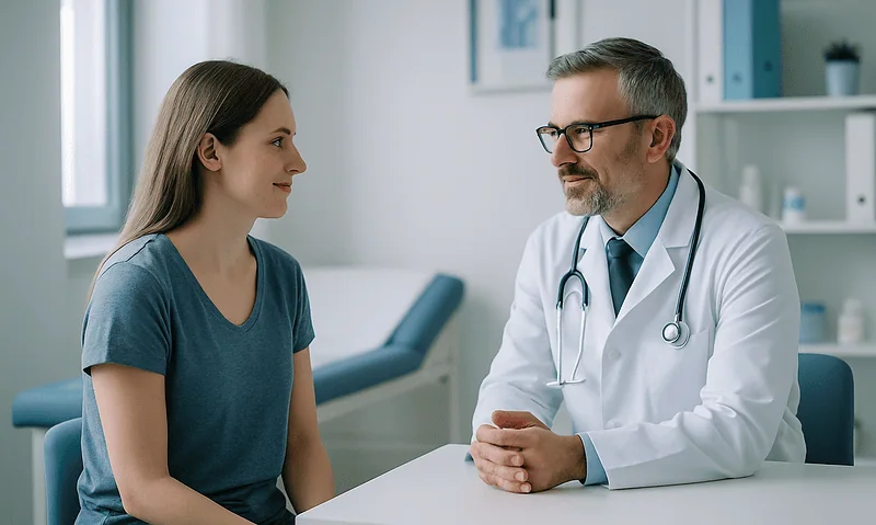 Doctor consulting with a young female patient in a medical office.