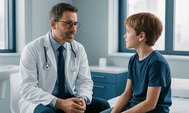 Pediatric patient consulting with a doctor in a hospital setting.
