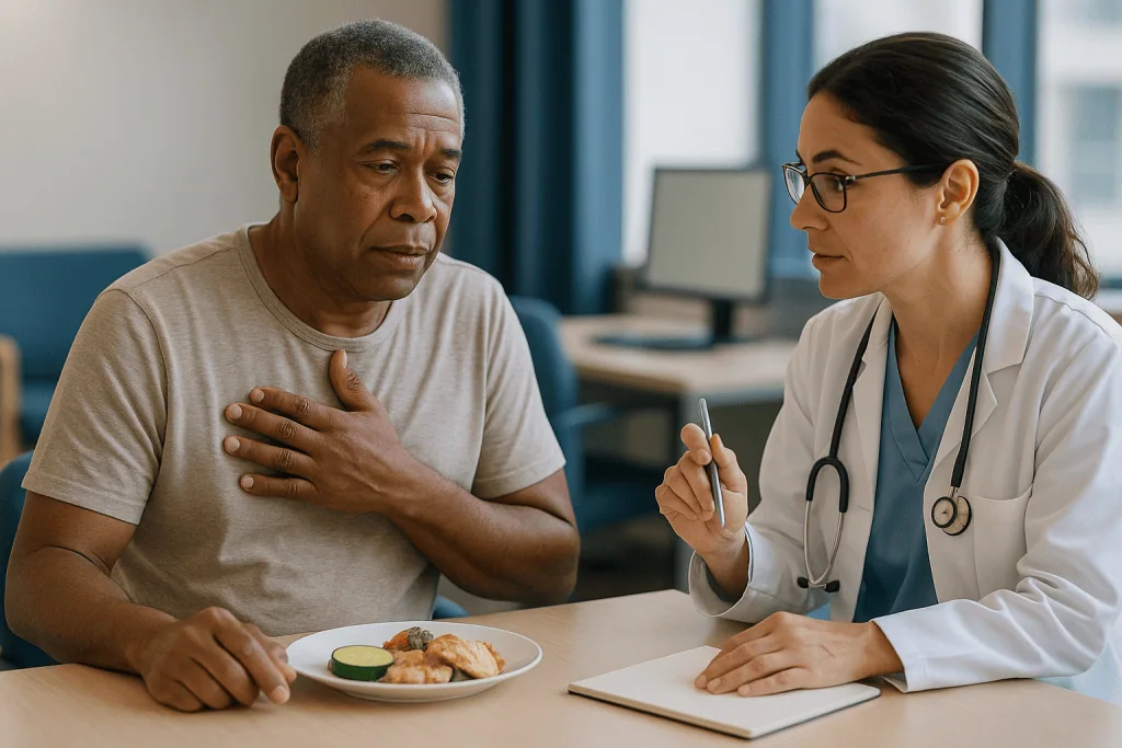 Doctor consulting patient about meal with visible food plate: When is surgery needed for GERD? The treatment ladder in one v