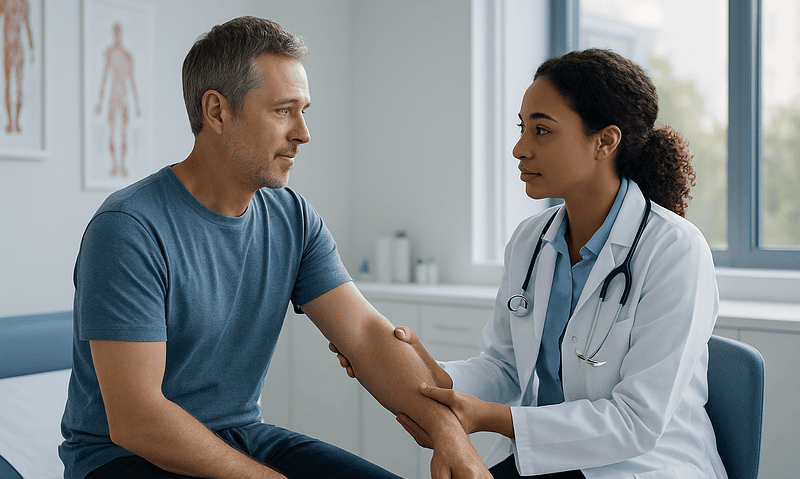 Doctor examining patient's elbow in a medical consultation room.