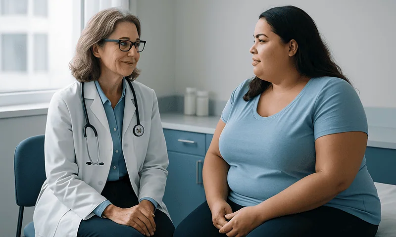 Doctor consulting with a patient about bariatric health in a clinic setting.