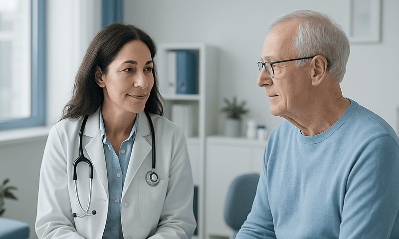 Doctor consulting with elderly patient in a medical office.