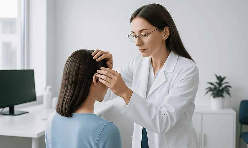 Doctor examining patient's scalp for hair restoration options at Acibadem Hospital.