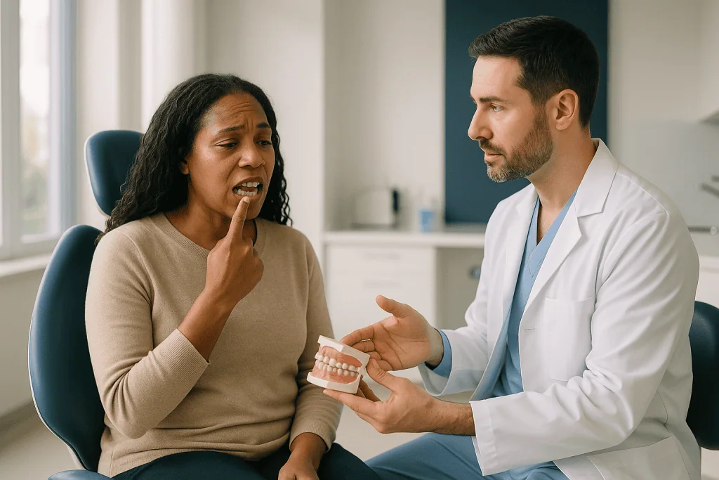 Dentist consulting patient about dental model/teeth: When orthodontics is chosen: teeth that sit too low in the smile
