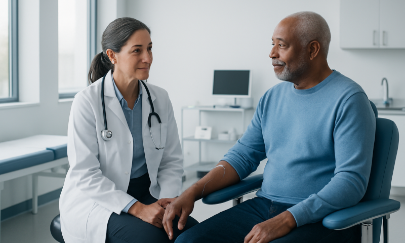Doctor consulting with a patient in a medical office.