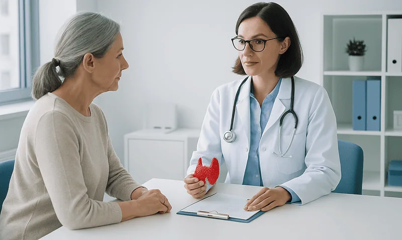 Doctor explaining thyroid health to an elderly woman in a medical consultation.