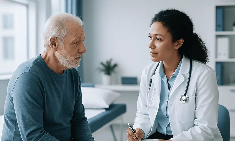 Doctor consulting with an elderly male patient in a hospital room.